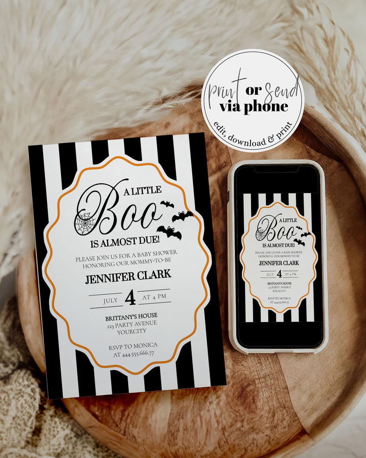 Little Boo is Almost Due Baby Shower Invitation Halloween Boo Printable Baby Shower Invite Template Modern Elegant Bat Spider Printable #072 - TheLovebirdsDesign