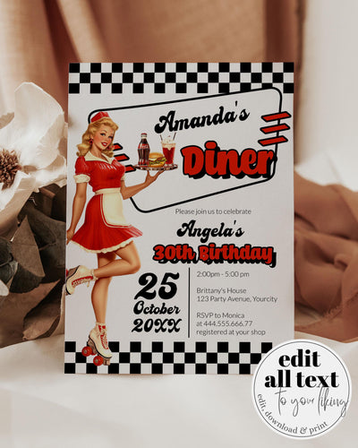 Soda Shop Birthday Invitation Template Vintage DinerRetro Summer Adult Birthday Party Invite Cherry Cola Themed Party Template #081 - marryful.org