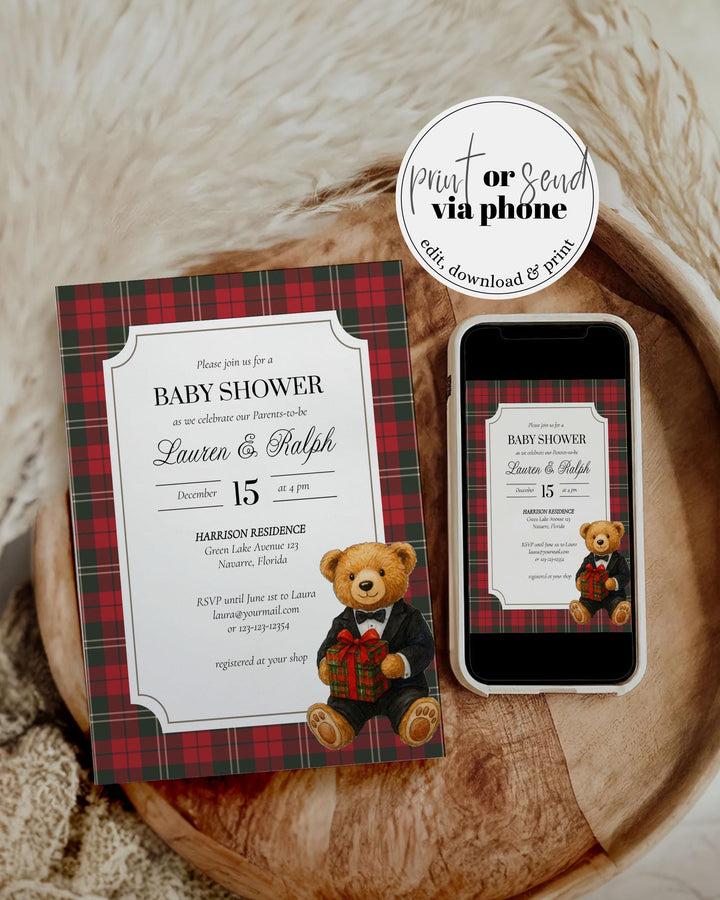 Christmas Bear Baby Shower Invitation Ralph Vintage Luxury Polo Baby Shower Invite Tuxedo Bear Party Template Teddy Bear Theme #068 - TheLovebirdsDesign