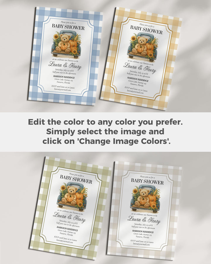 Fall Pumpkin Bear Baby Shower Invitation Boys on Truck Thanksgiving Baby Shower Invite Template Blue Gender Neutral Teddy Bear Theme #068 - TheLovebirdsDesign