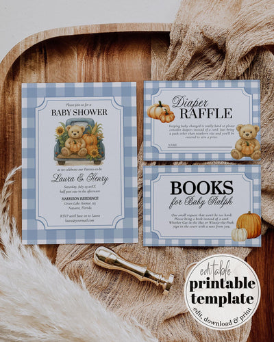 Fall Pumpkin Bear Baby Shower Invitation Boys on Truck Thanksgiving Baby Shower Invite Template Blue Gender Neutral Teddy Bear Theme #068 - TheLovebirdsDesign