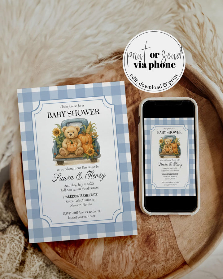 Fall Pumpkin Bear Baby Shower Invitation Boys on Truck Thanksgiving Baby Shower Invite Template Blue Gender Neutral Teddy Bear Theme #068 - TheLovebirdsDesign