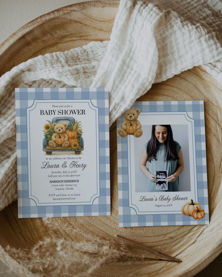 Fall Pumpkin Bear Baby Shower Invitation Boys on Truck Thanksgiving Baby Shower Invite Template Blue Gender Neutral Teddy Bear Theme #068 - TheLovebirdsDesign