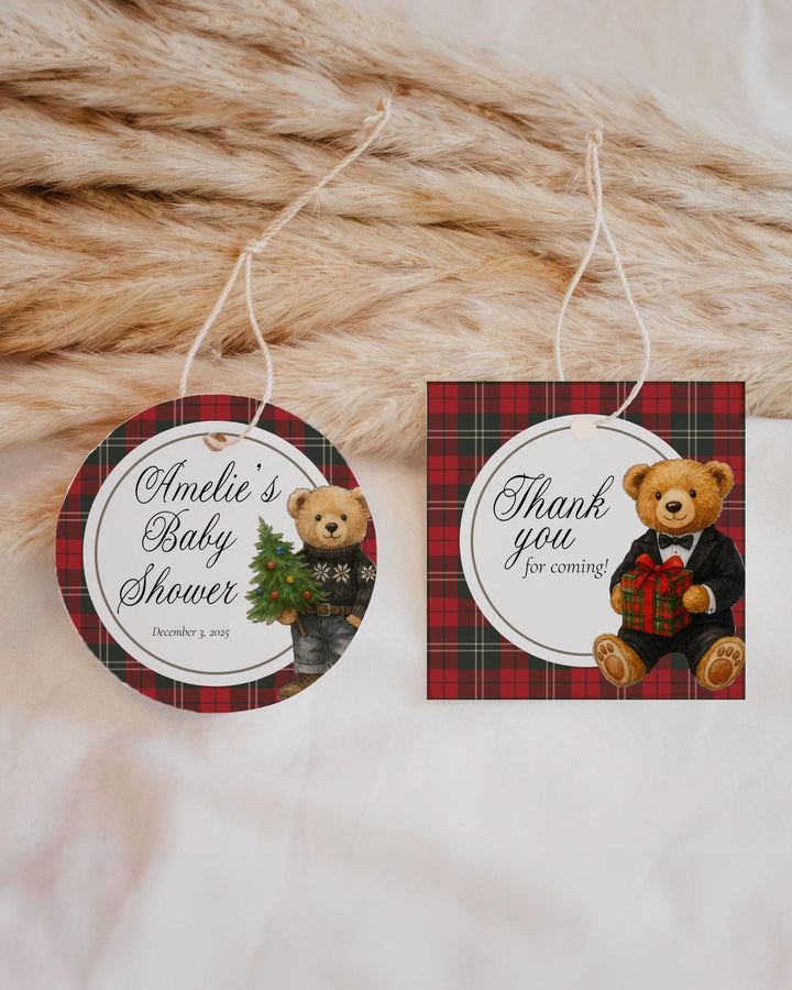 Christmas Bear Unique Guest Gift Favor Tags Label and Sticker Template for Vintage Luxury Polo Baby Shower Tuxedo Bear Party Template #068 - TheLovebirdsDesign