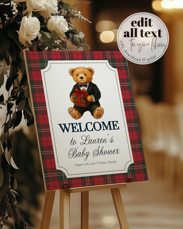 Christmas Bear Baby Shower Welcome Sign Teddy Bear Theme Ralph Vintage Santa Polo Welcome Sign with Tuxedo Bear Party Decor Template #068 - TheLovebirdsDesign