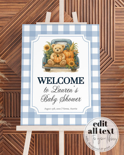 Fall Pumpkin Bear Welcome Sign Boys on Truck Thanksgiving Baby Shower Welcome Sign Template Blue Gender Neutral Teddy Bear Theme #068 - TheLovebirdsDesign