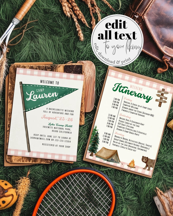 Camping Bachelorette Itinerary Girl Mountain Lake Bach Party Invite Summer Camp Hiking Bride Cabin Bridal Shower Invitation Template #072 - TheLovebirdsDesign