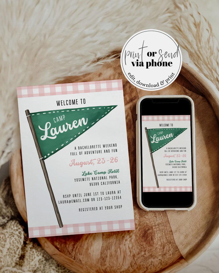 Camping Bachelorette Itinerary Girl Mountain Lake Bach Party Invite Summer Camp Hiking Bride Cabin Bridal Shower Invitation Template #072 - TheLovebirdsDesign