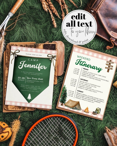 Camping Bachelorette Weekend Itinerary Summer Girls Camping Trip Mountain Lake Bridal Shower Invite Hiking Bride Cabin Camp Template #072 - TheLovebirdsDesign