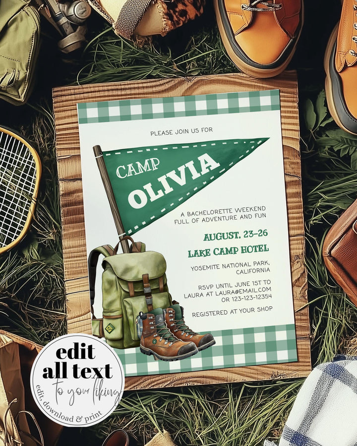 Girls Camping Bachelorette Cabin Weekend Itinerary National Park Bach Party Invite Summer Camp Bridal Shower Invitation Template #072 - TheLovebirdsDesign