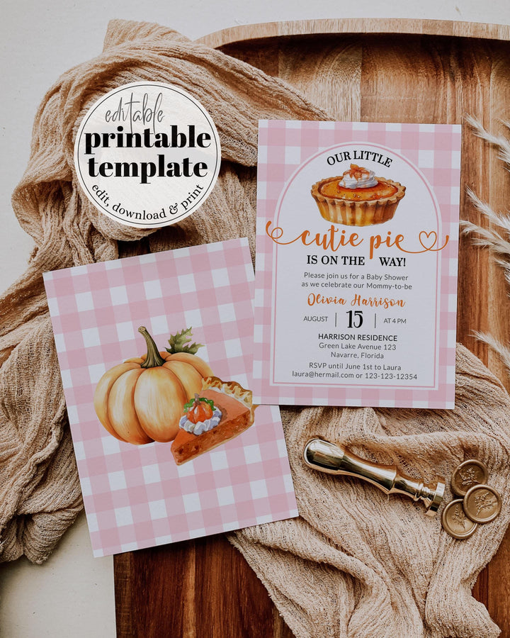 Pink Pumpkin Pie Baby Shower Invitation Fall Cutie Pie Little Pumpkin Baby Shower Invite Template Autumn Themed Party Decorations #068 - TheLovebirdsDesign