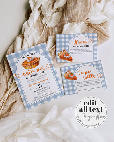 Blue Cutie Pie Baby Shower Invitation Template, Fall Little Pumpkin Theme for Boys #068 - TheLovebirdsDesign