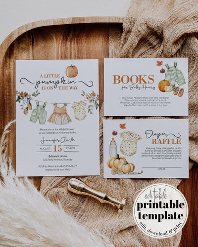 Pumpkin Baby Shower Invitation with Clothes Line for Girls Fall Cutie Pie Little Pumpkin Baby Shower Invite Template Autumn Party Decor #068 - TheLovebirdsDesign