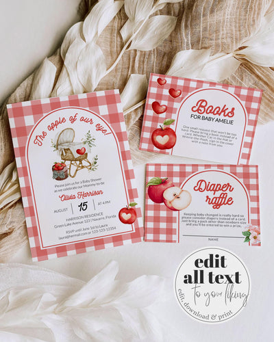 Apple Baby Shower Invitation, Apple of our Eye Autumn Baby Shower Invite Bundle, Editable Fall Diaper Raffle Books for Baby Template #068 - TheLovebirdsDesign