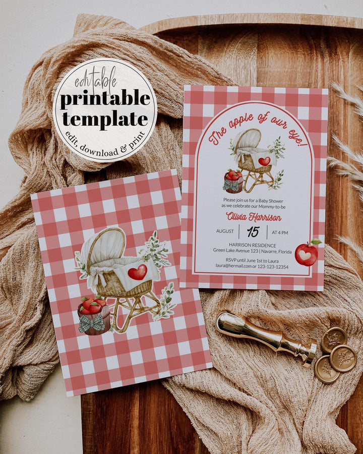 Apple Baby Shower Invitation, Apple of our Eye Autumn Baby Shower Invite Bundle, Editable Fall Diaper Raffle Books for Baby Template #068 - TheLovebirdsDesign