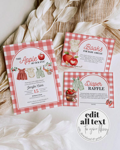 Red Apple Baby Shower Invitation with Clothesline Gingham Apple of our Eye Baby Shower Invite Template Gender Neutral Fall Party Decor #068 - TheLovebirdsDesign