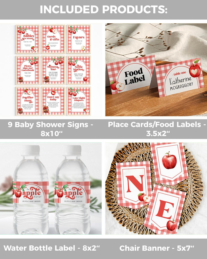 Apple of Our Eye Baby Shower Bundle Fall Themed Invite & Decor Template Editable Red Gingham Suite for Apple Themed Baby Celebration #068 - TheLovebirdsDesign