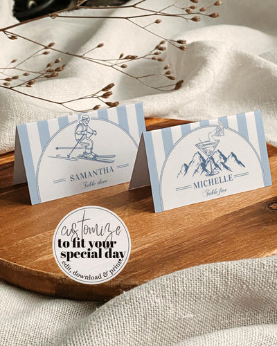 Winter Après Ski Place Cards & Mountain Ski Party Food Labels Template for Unique Chalet Après Ski Bachelorette Party Celebration #072 - TheLovebirdsDesign
