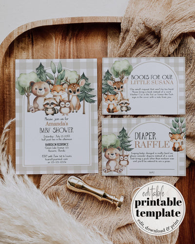 Woodland Adventure Baby Shower Invitation Template with Forest Animals for Mountain Lake Baby Shower Boys Printable Party Invite Suite #068 - TheLovebirdsDesign