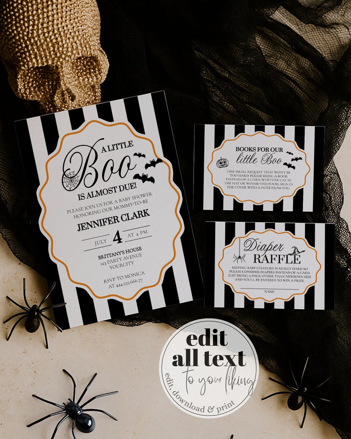 Little Boo is Almost Due Baby Shower Invite Suite for Halloween Boo Printable Baby Shower Invitation Template Bat Spider Printable #072 - TheLovebirdsDesign