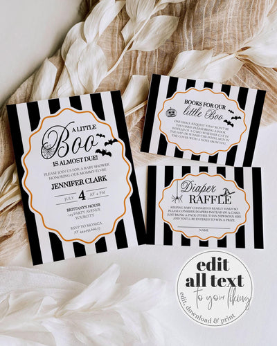 Little Boo is Almost Due Baby Shower Invite Suite for Halloween Boo Printable Baby Shower Invitation Template Bat Spider Printable #072 - TheLovebirdsDesign