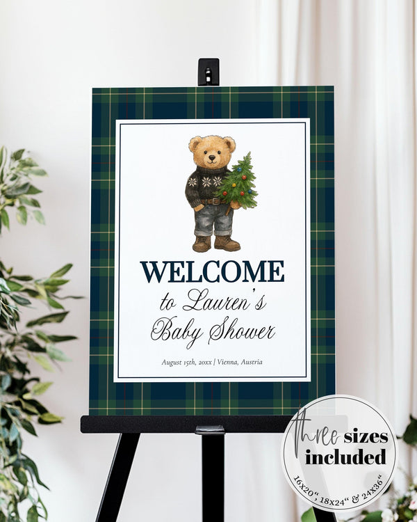 Vintage Christmas Polo Teddy Baby Shower Welcome Sign Lauren Baby Shower Decoration Sign Boy Santa Baby XMAS Bear Sign Template #068ch - TheLovebirdsDesign