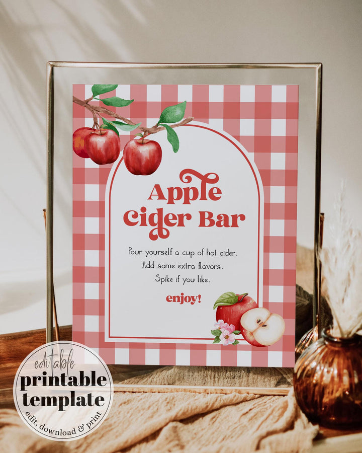 Apple Cider Bar Sign Printable Red Gingham Fall Decor Appley Ever After Bridal Party or Baby Shower Sign Apple Theme Decor Template #068 - TheLovebirdsDesign