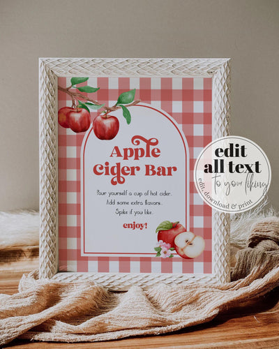 Apple Cider Bar Sign Printable Red Gingham Fall Decor Appley Ever After Bridal Party or Baby Shower Sign Apple Theme Decor Template #068 - TheLovebirdsDesign
