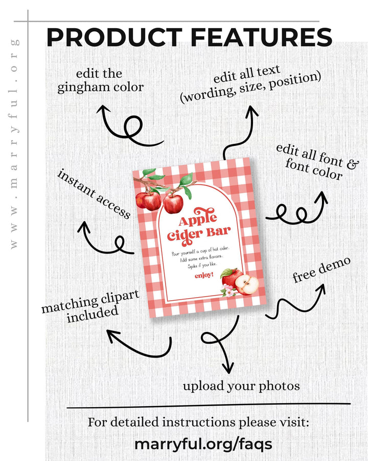 Apple Cider Bar Sign Printable Red Gingham Fall Decor Appley Ever After Bridal Party or Baby Shower Sign Apple Theme Decor Template #068 - TheLovebirdsDesign