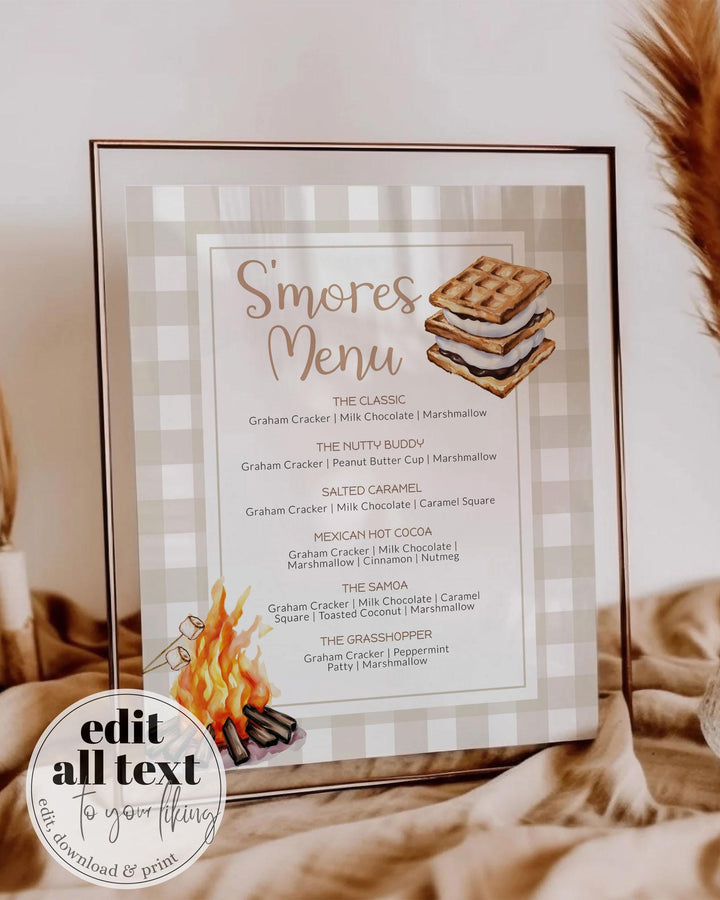 Smores Bar Menu Sign Printable Smores Station Sign for Camping Outdoor or Sleepover Party Camping Bonfire Birthday Sign Template #068 - TheLovebirdsDesign