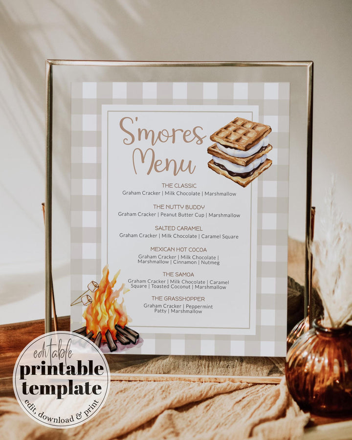Smores Bar Menu Sign Printable Smores Station Sign for Camping Outdoor or Sleepover Party Camping Bonfire Birthday Sign Template #068 - TheLovebirdsDesign