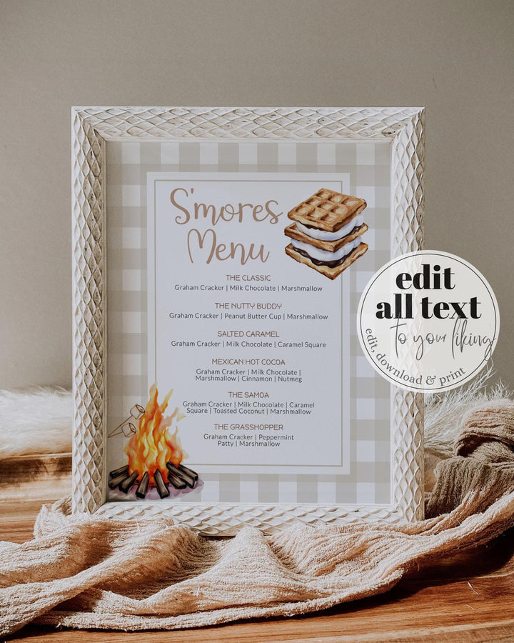 Smores Bar Menu Sign Printable Smores Station Sign for Camping Outdoor or Sleepover Party Camping Bonfire Birthday Sign Template #068 - TheLovebirdsDesign