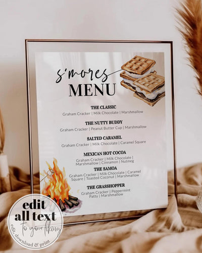 Smores Bar Menu Sign for Summer Camping Birthday Graham S'mores Station Decoration Sign at Bonfire Party Printable Template #072 - TheLovebirdsDesign