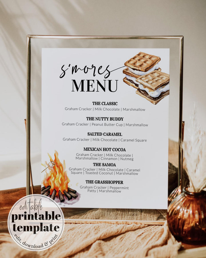 Smores Bar Menu Sign for Summer Camping Birthday Graham S'mores Station Decoration Sign at Bonfire Party Printable Template #072 - TheLovebirdsDesign