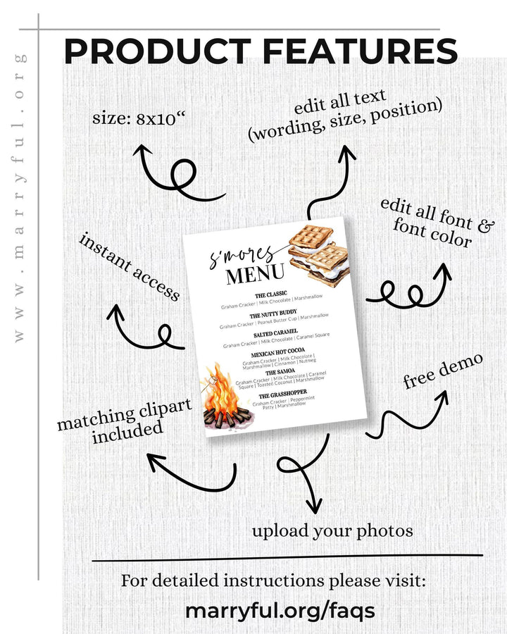 Smores Bar Menu Sign for Summer Camping Birthday Graham S'mores Station Decoration Sign at Bonfire Party Printable Template #072 - TheLovebirdsDesign