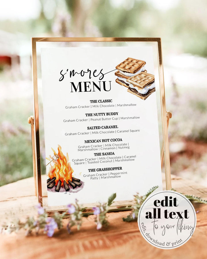 Smores Bar Menu Sign for Summer Camping Birthday Graham S'mores Station Decoration Sign at Bonfire Party Printable Template #072 - TheLovebirdsDesign