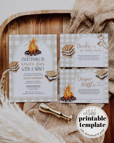 Smores Baby Shower Invitation Template Editable Beige Gingham Bonfire Marshmallow Design Printable Invite Cute Fall Gender Neutral Theme#068 - TheLovebirdsDesign