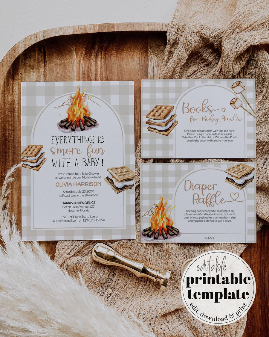 Smores Baby Shower Invitation, Neutral Gingham Bonfire Marshmallow Template 014SM-BSINV - marryful.org