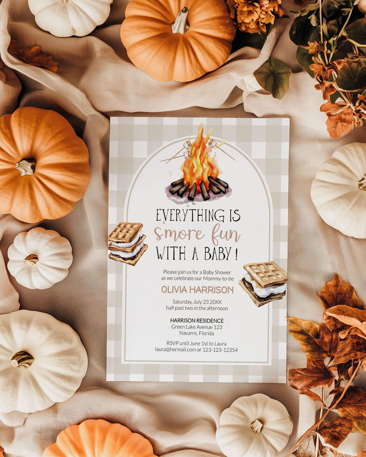 Smores Baby Shower Invitation Template Editable Beige Gingham Bonfire Marshmallow Design Printable Invite Cute Fall Gender Neutral Theme#068 - TheLovebirdsDesign