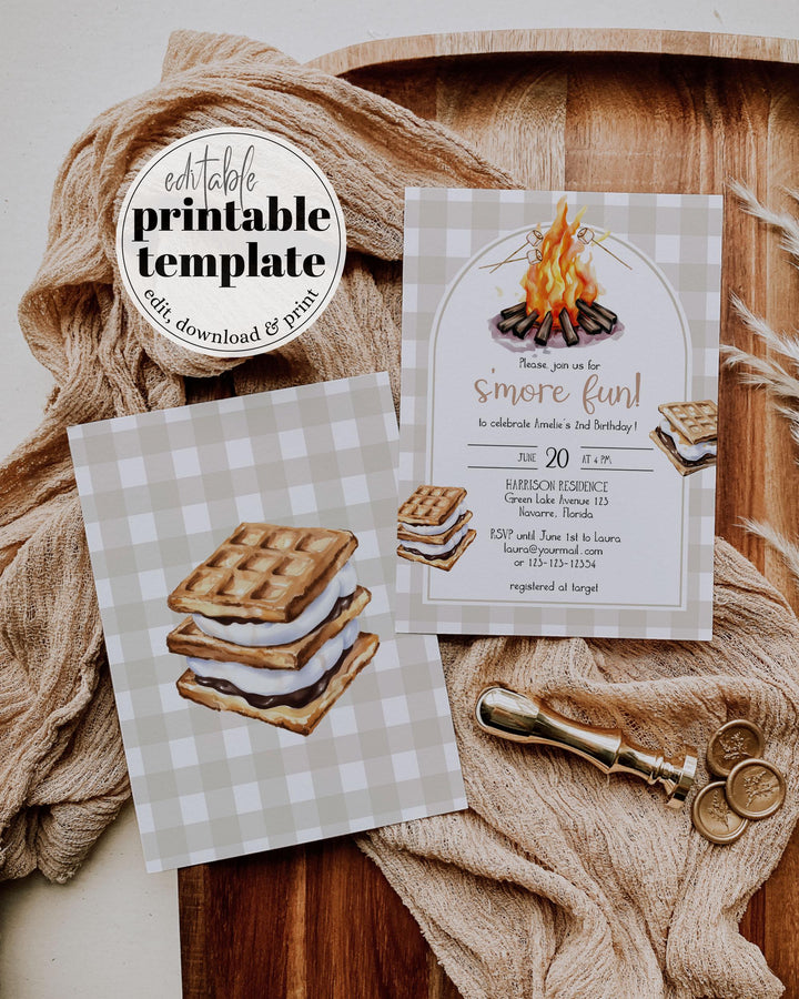 Smores Birthday Invitation Printable Firepit Marshmallow and Smores Party Invite Template for Outdoor Camping Sleepover Party #068 - TheLovebirdsDesign