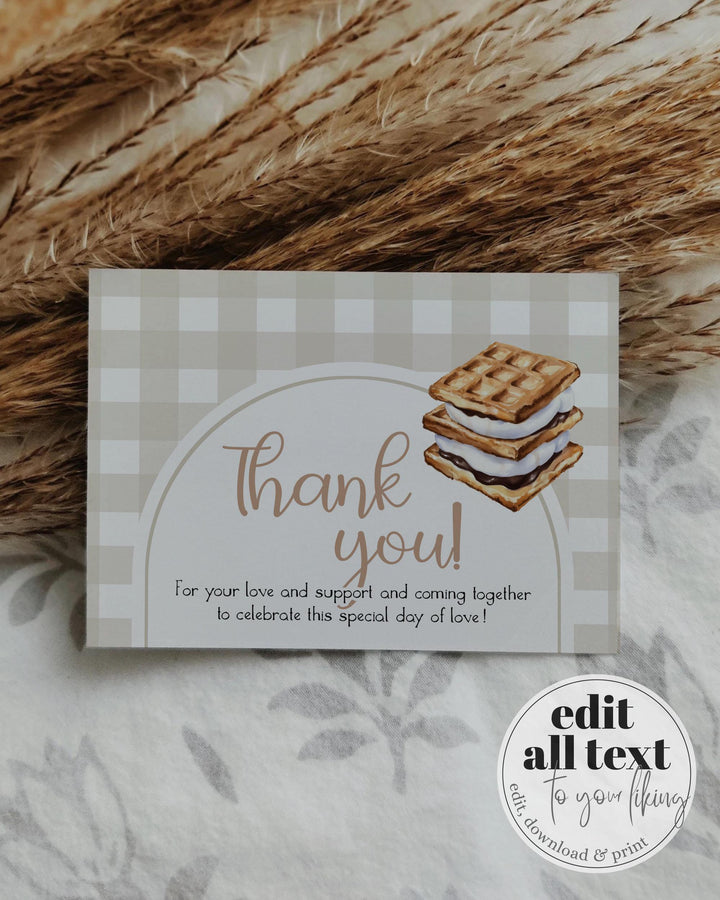 Smores Thank You Card Template Editable Gingham Marshmallow and Smores Note for Camping Birthday Smores Baby Shower or Fall Theme Party #068 - TheLovebirdsDesign