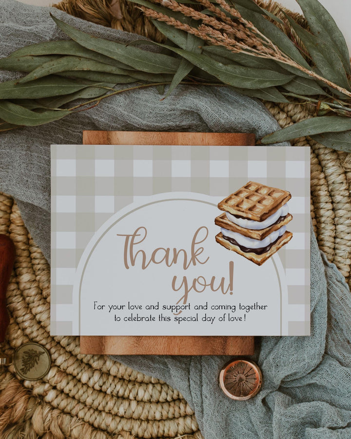 Smores Thank You Card Template Editable Gingham Marshmallow and Smores Note for Camping Birthday Smores Baby Shower or Fall Theme Party #068 - TheLovebirdsDesign