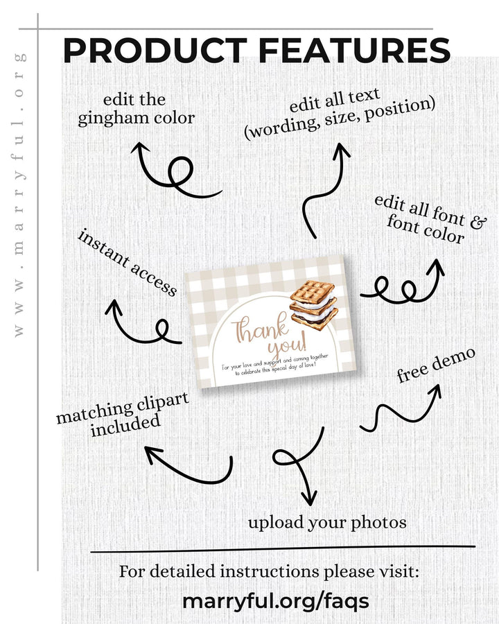 Smores Thank You Card Template Editable Gingham Marshmallow and Smores Note for Camping Birthday Smores Baby Shower or Fall Theme Party #068 - TheLovebirdsDesign