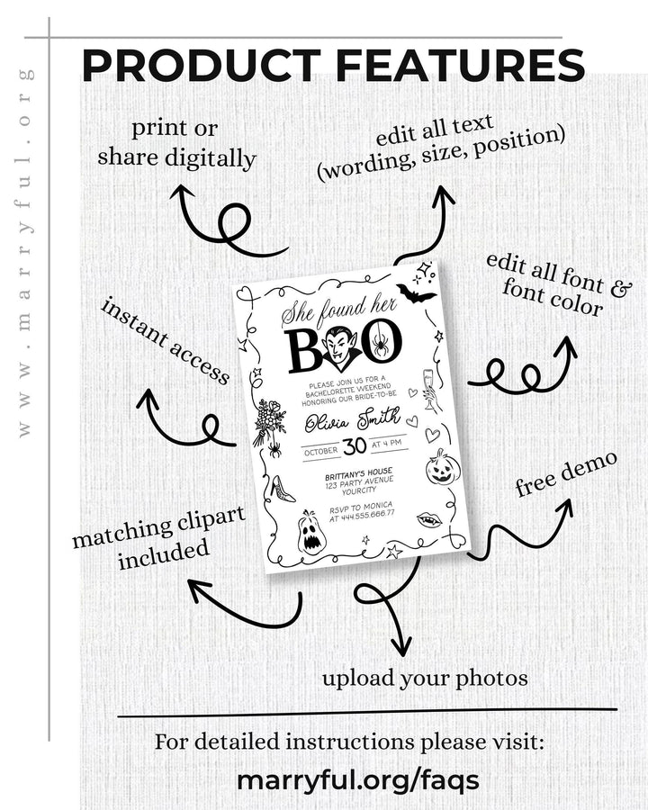 She found her Boo Halloween Bridal Shower Invitation Gothic Hen Do Weekend Itinerary Template with wavy frame spooky hand drawn icons #070 - TheLovebirdsDesign