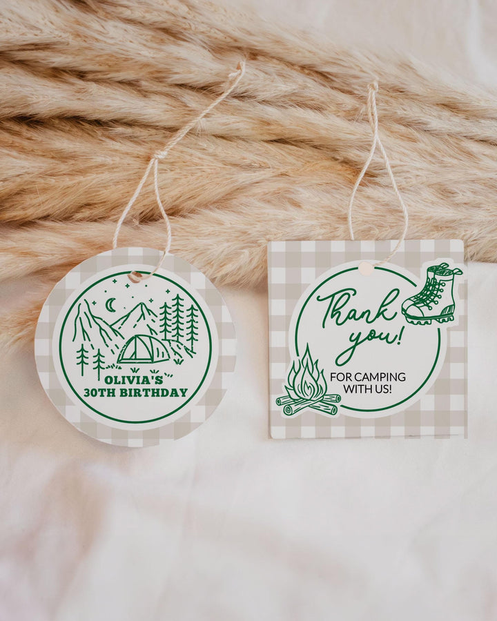 Camping Guest Gift Bag Sticker Label Tag Template Happy Camper Party Decor Cupcake Topper Editable Summer Camp Birthday Stickers #072 - TheLovebirdsDesign