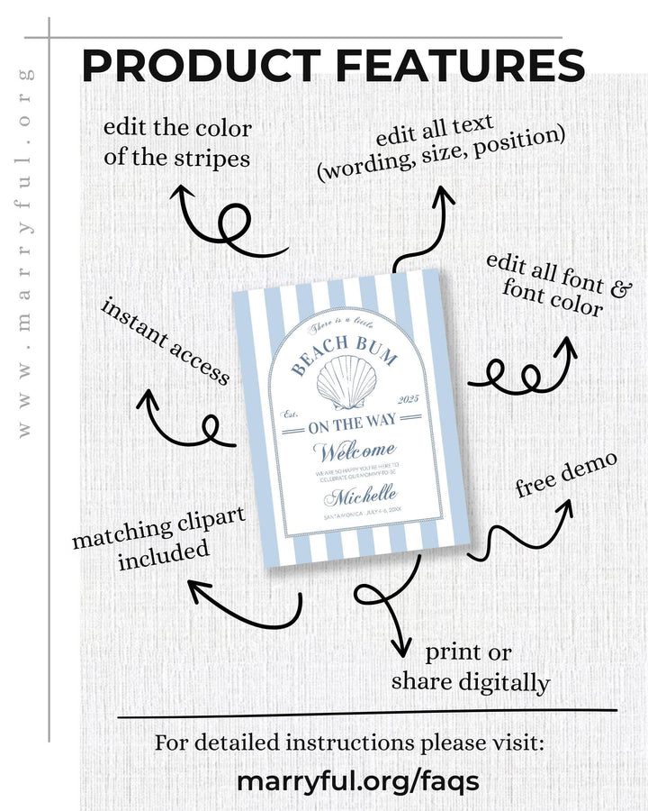 Summer Beach Bum Coastal Baby Shower Welcome Sign Nautical Summer Beach Baby Shower muted blue stripes Shell Pearl Printable Template #072 - TheLovebirdsDesign
