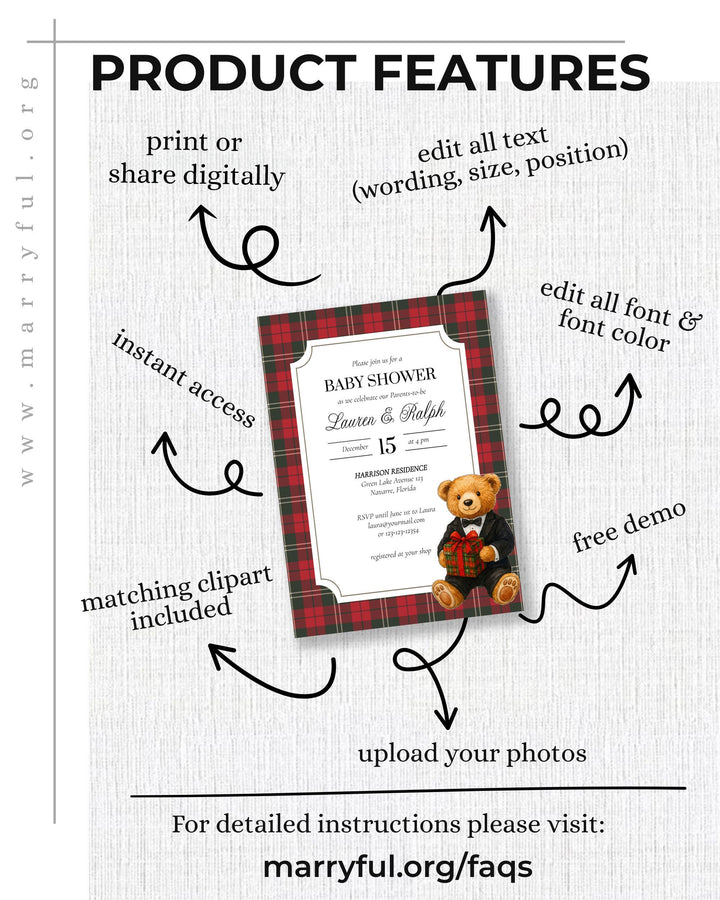 Christmas Bear Baby Shower Invitation Ralph Vintage Luxury Polo Baby Shower Invite Tuxedo Bear Party Template Teddy Bear Theme #068 - TheLovebirdsDesign