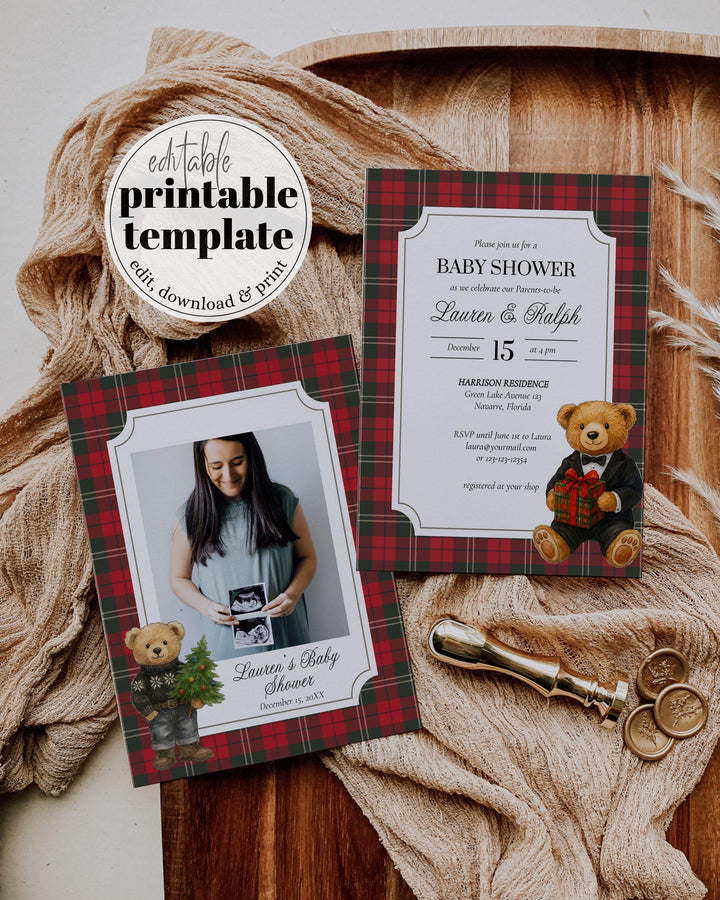 Christmas Bear Baby Shower Invitation Ralph Vintage Luxury Polo Baby Shower Invite Tuxedo Bear Party Template Teddy Bear Theme #068 - TheLovebirdsDesign