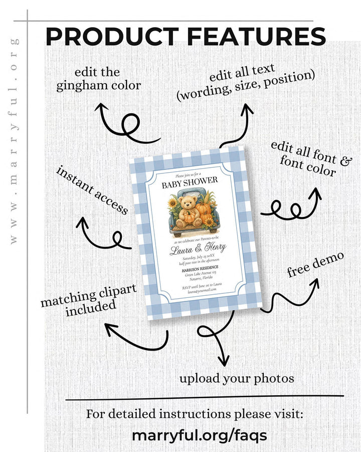 Fall Pumpkin Bear Baby Shower Invitation Boys on Truck Thanksgiving Baby Shower Invite Template Blue Gender Neutral Teddy Bear Theme #068 - TheLovebirdsDesign