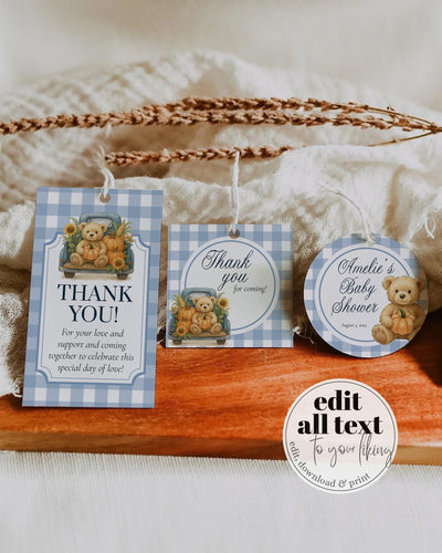 Fall Pumpkin Bear Guest Gift Tags for Boys Teddy on Truck Party Favor Labels Thanksgiving Baby Shower Editable Thank you Tags Template #068 - TheLovebirdsDesign